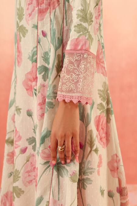 Dohr India Multi Color Embroidery, Lace V-neck Floral Kurta Pant Dupatta Set at Aza Fashions Dohr India_Multi Color Embroidery, Lace V-neck Floral Kurta Pant Dupatta Set _at_Aza_Fashions