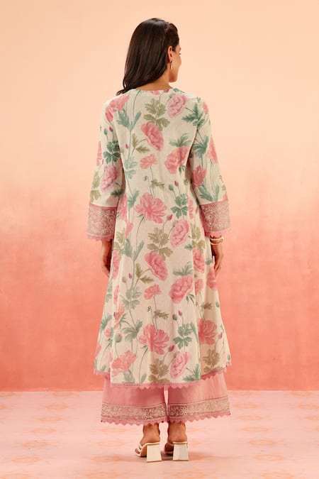 Shop Dohr India Multi Color Embroidery, Lace V-neck Floral Kurta Pant Dupatta Set at Aza Fashions Shop_Dohr India_Multi Color Embroidery, Lace V-neck Floral Kurta Pant Dupatta Set _at_Aza_Fashions