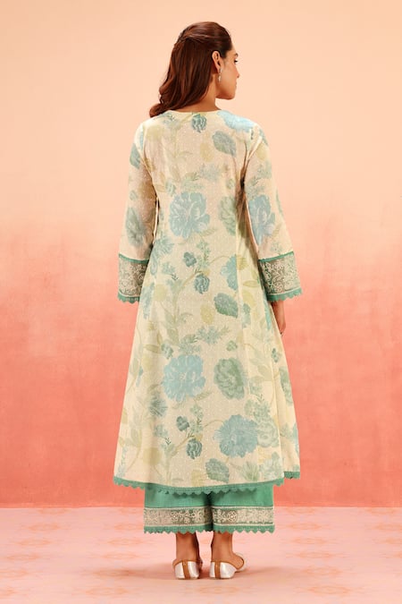 Shop Dohr India Green Embroidery V-neck Floral Print Kurta Pant Set at Aza Fashions Shop_Dohr India_Green Embroidery V-neck Floral Print Kurta Pant Set _at_Aza_Fashions