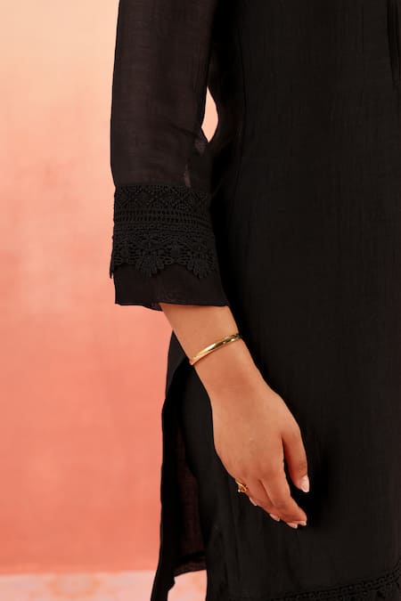 Dohr India_Black Cotton, Silk Embroidery, Pom-poms Scoop Neck Kurta Pant Dupatta Set _Online_at_Aza_Fashions