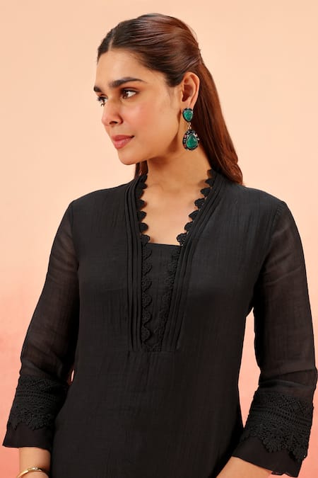 Buy_Dohr India_Black Cotton, Silk Embroidery, Pom-poms Scoop Neck Kurta Pant Dupatta Set _Online_at_Aza_Fashions