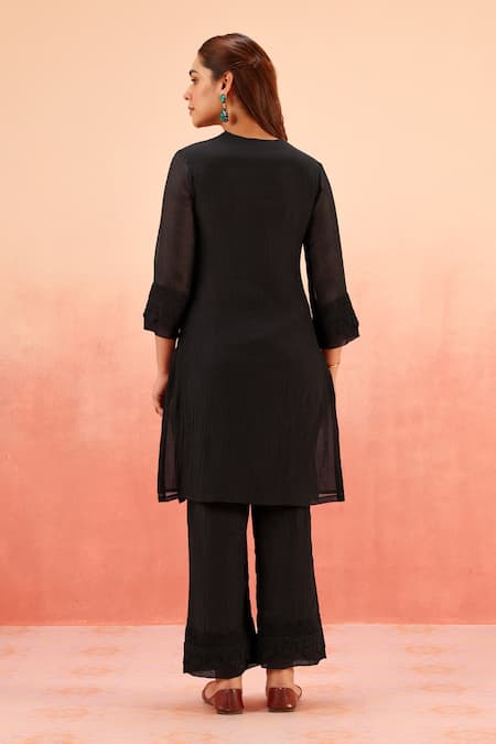 Dohr India Black Cotton Silk Kurta Pant Dupatta Set 