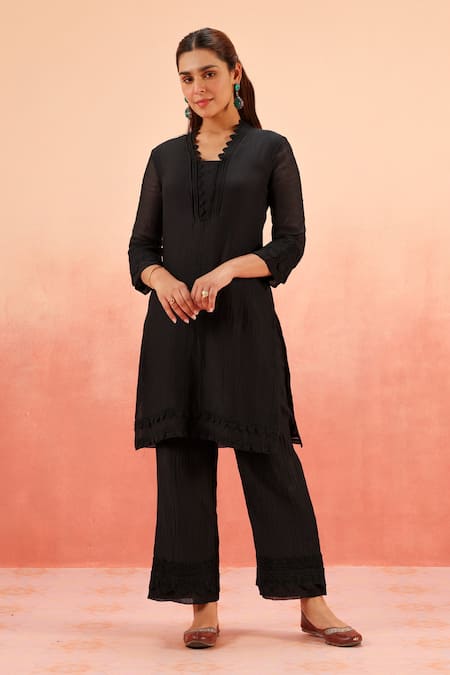 Shop_Dohr India_Black Cotton, Silk Embroidery, Pom-poms Scoop Neck Kurta Pant Dupatta Set _Online_at_Aza_Fashions