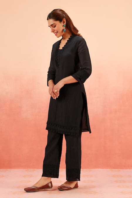Dohr India_Black Cotton, Silk Embroidery, Pom-poms Scoop Neck Kurta Pant Dupatta Set _at_Aza_Fashions