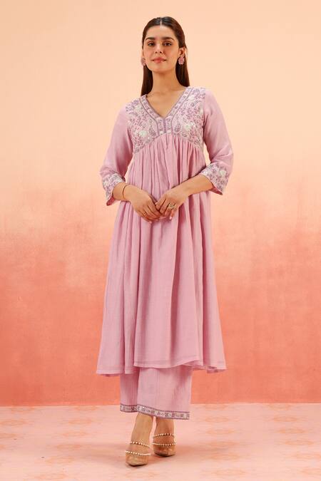 Dohr India Purple Cotton, Silk Zari, Sequins, Embroidery V-neck Anarkali Set Online at Aza Fashions Dohr India_Purple Cotton, Silk Zari, Sequins, Embroidery V-neck Anarkali Set _Online_at_Aza_Fashions