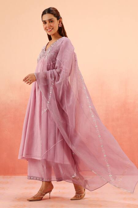 Buy Dohr India Purple Cotton, Silk Zari, Sequins, Embroidery V-neck Anarkali Set Online at Aza Fashions Buy_Dohr India_Purple Cotton, Silk Zari, Sequins, Embroidery V-neck Anarkali Set _Online_at_Aza_Fashions