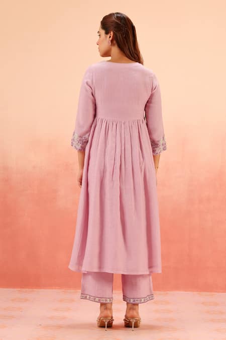 Shop Dohr India Purple Cotton, Silk Zari, Sequins, Embroidery V-neck Anarkali Set at Aza Fashions Shop_Dohr India_Purple Cotton, Silk Zari, Sequins, Embroidery V-neck Anarkali Set _at_Aza_Fashions