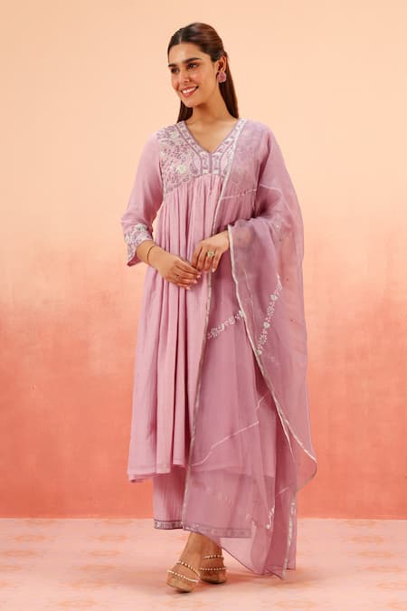 Dohr India Purple Cotton, Silk Zari, Sequins, Embroidery V-neck Anarkali Set 
