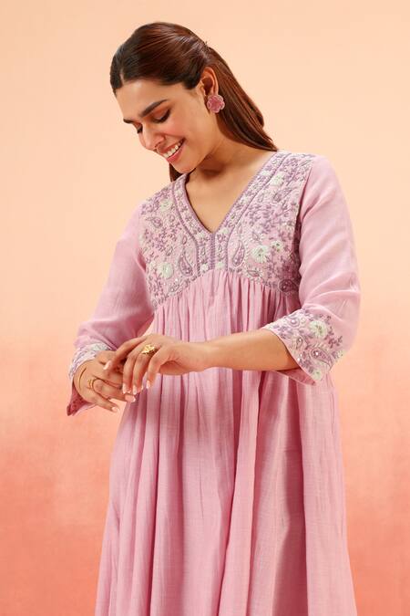Shop Dohr India Purple Cotton, Silk Zari, Sequins, Embroidery V-neck Anarkali Set Online at Aza Fashions Shop_Dohr India_Purple Cotton, Silk Zari, Sequins, Embroidery V-neck Anarkali Set _Online_at_Aza_Fashions