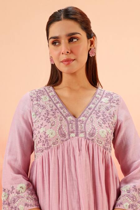 Dohr India Purple Cotton, Silk Zari, Sequins, Embroidery V-neck Anarkali Set at Aza Fashions Dohr India_Purple Cotton, Silk Zari, Sequins, Embroidery V-neck Anarkali Set _at_Aza_Fashions