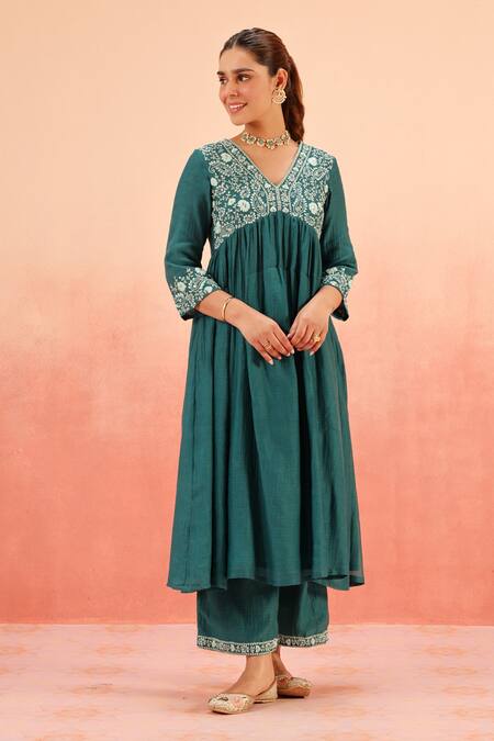 Dohr India_Teal Cotton, Silk Embroidery V-neck Green Anarkali Set _Online_at_Aza_Fashions