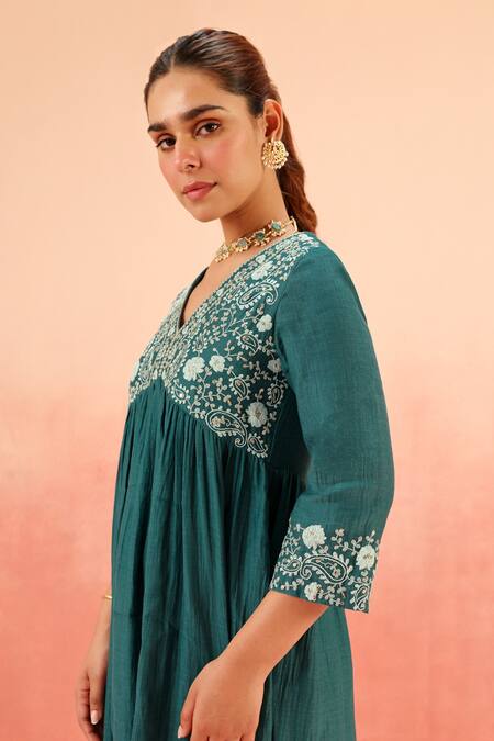 Buy_Dohr India_Teal Cotton, Silk Embroidery V-neck Green Anarkali Set _Online_at_Aza_Fashions