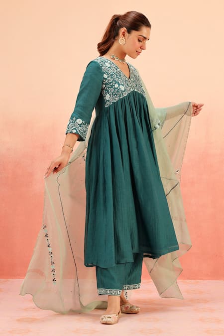 Dohr India Teal Cotton, Silk Embroidery V-neck Green Anarkali Set 