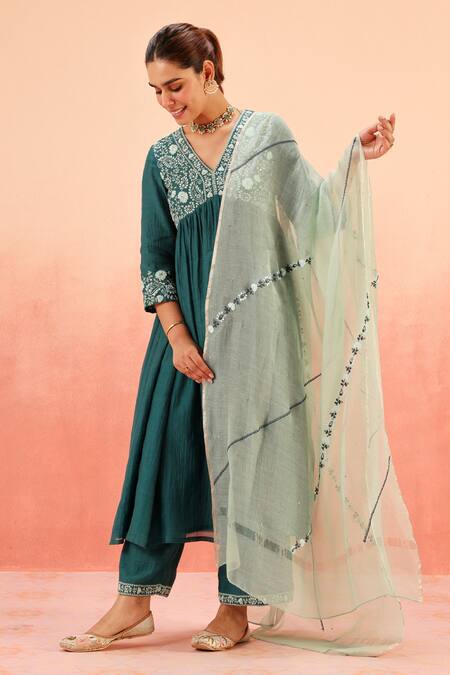 Shop_Dohr India_Teal Cotton, Silk Embroidery V-neck Green Anarkali Set _Online_at_Aza_Fashions