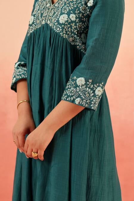 Dohr India_Teal Cotton, Silk Embroidery V-neck Green Anarkali Set _at_Aza_Fashions