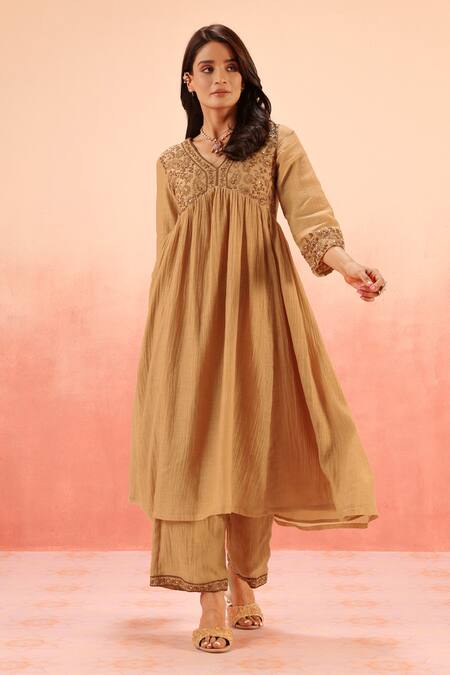 Dohr India Tan Cotton, Silk Zari, Embroidery V-neck Brown Anarkali Set Online at Aza Fashions Dohr India_Tan Cotton, Silk Zari, Embroidery V-neck Brown Anarkali Set _Online_at_Aza_Fashions