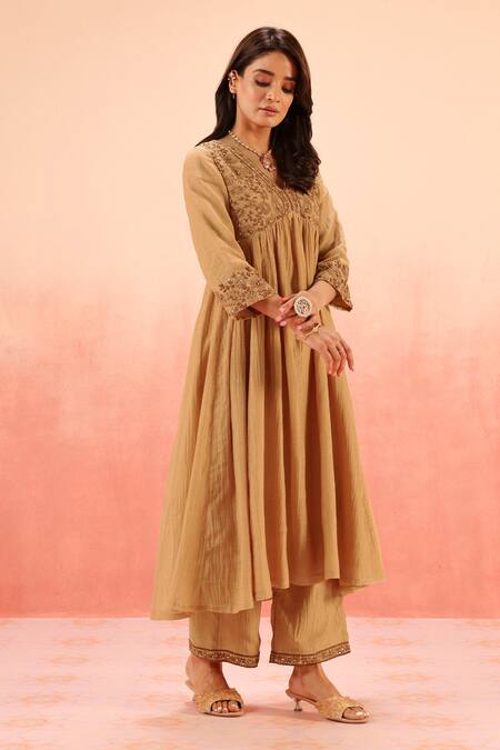 Buy Dohr India Tan Cotton, Silk Zari, Embroidery V-neck Brown Anarkali Set Online at Aza Fashions Buy_Dohr India_Tan Cotton, Silk Zari, Embroidery V-neck Brown Anarkali Set _Online_at_Aza_Fashions