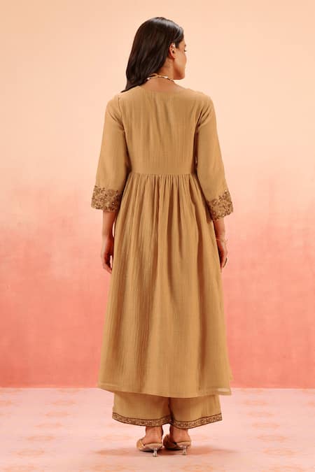 Shop Dohr India Tan Cotton, Silk Zari, Embroidery V-neck Brown Anarkali Set at Aza Fashions Shop_Dohr India_Tan Cotton, Silk Zari, Embroidery V-neck Brown Anarkali Set _at_Aza_Fashions