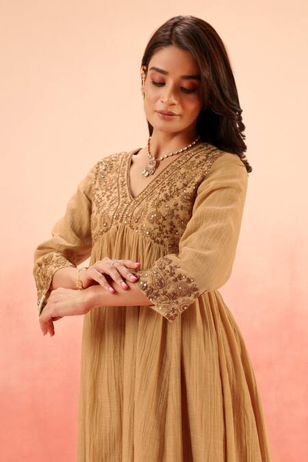 Shop Dohr India Tan Cotton, Silk Zari, Embroidery V-neck Brown Anarkali Set Online at Aza Fashions Shop_Dohr India_Tan Cotton, Silk Zari, Embroidery V-neck Brown Anarkali Set _Online_at_Aza_Fashions