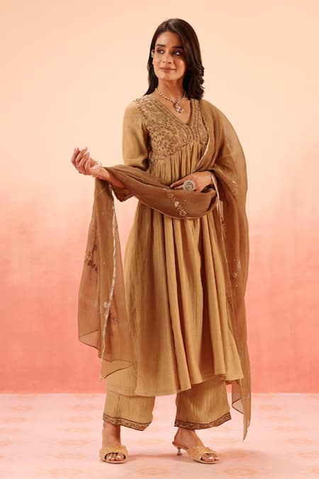 Dohr India Tan Cotton, Silk Zari, Embroidery V-neck Brown Anarkali Set 