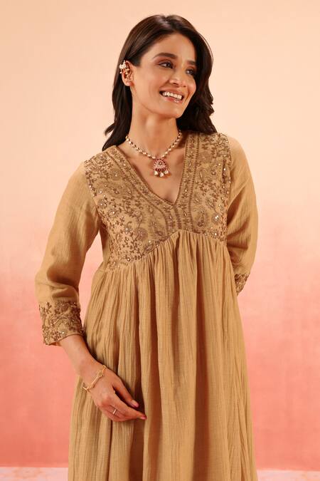 Dohr India Tan Cotton, Silk Zari, Embroidery V-neck Brown Anarkali Set at Aza Fashions Dohr India_Tan Cotton, Silk Zari, Embroidery V-neck Brown Anarkali Set _at_Aza_Fashions