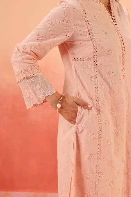 Dohr India_Pink Cotton, Kota Doria Embroidery Split V-neck Schiffli Kurta Pant Dupatta Set _Online_at_Aza_Fashions