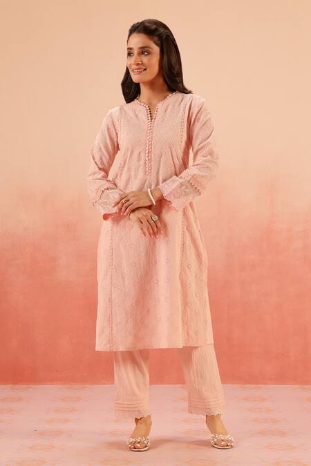 Buy_Dohr India_Pink Cotton, Kota Doria Embroidery Split V-neck Schiffli Kurta Pant Dupatta Set _Online_at_Aza_Fashions