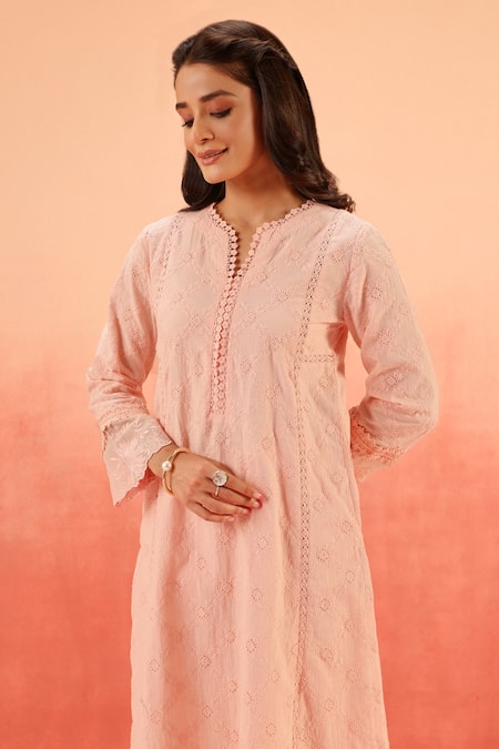 Shop_Dohr India_Pink Cotton, Kota Doria Embroidery Split V-neck Schiffli Kurta Pant Dupatta Set _Online_at_Aza_Fashions