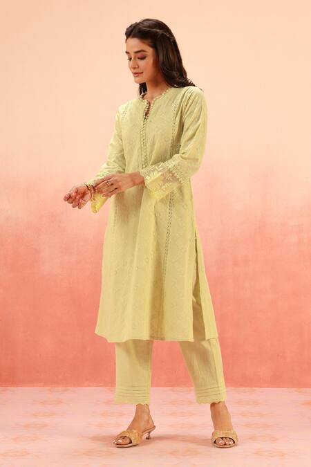 Dohr India Green Embroidery Round Neck Cotton Schiffli Kurta Pant Dupatta Set Online at Aza Fashions Dohr India_Green Embroidery Round Neck Cotton Schiffli Kurta Pant Dupatta Set _Online_at_Aza_Fashions