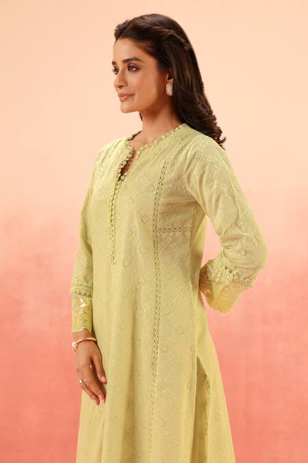 Buy Dohr India Green Embroidery Round Neck Cotton Schiffli Kurta Pant Dupatta Set Online at Aza Fashions Buy_Dohr India_Green Embroidery Round Neck Cotton Schiffli Kurta Pant Dupatta Set _Online_at_Aza_Fashions