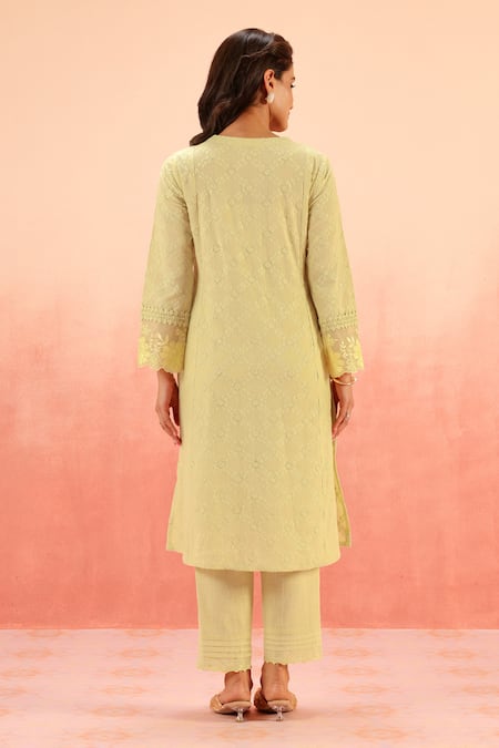 Shop Dohr India Green Embroidery Round Neck Cotton Schiffli Kurta Pant Dupatta Set at Aza Fashions Shop_Dohr India_Green Embroidery Round Neck Cotton Schiffli Kurta Pant Dupatta Set _at_Aza_Fashions