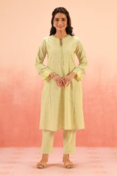 Dohr India Green Embroidery Round Neck Cotton Schiffli Kurta Pant Dupatta Set at Aza Fashions Dohr India_Green Embroidery Round Neck Cotton Schiffli Kurta Pant Dupatta Set _at_Aza_Fashions