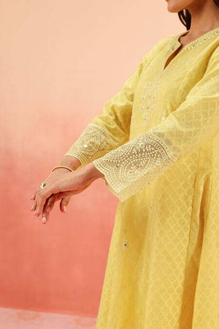 Dohr India Yellow Jacquard, Cotton, Organza Zari, Sequins, Kurta Pant Dupatta Set Online at Aza Fashions Dohr India_Yellow Jacquard, Cotton, Organza Zari, Sequins, Kurta Pant Dupatta Set _Online_at_Aza_Fashions