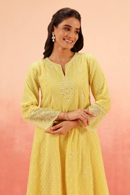 Buy Dohr India Yellow Jacquard, Cotton, Organza Zari, Sequins, Kurta Pant Dupatta Set Online at Aza Fashions Buy_Dohr India_Yellow Jacquard, Cotton, Organza Zari, Sequins, Kurta Pant Dupatta Set _Online_at_Aza_Fashions
