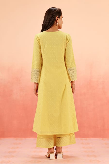 Shop Dohr India Yellow Jacquard, Cotton, Organza Zari, Sequins, Kurta Pant Dupatta Set at Aza Fashions Shop_Dohr India_Yellow Jacquard, Cotton, Organza Zari, Sequins, Kurta Pant Dupatta Set _at_Aza_Fashions