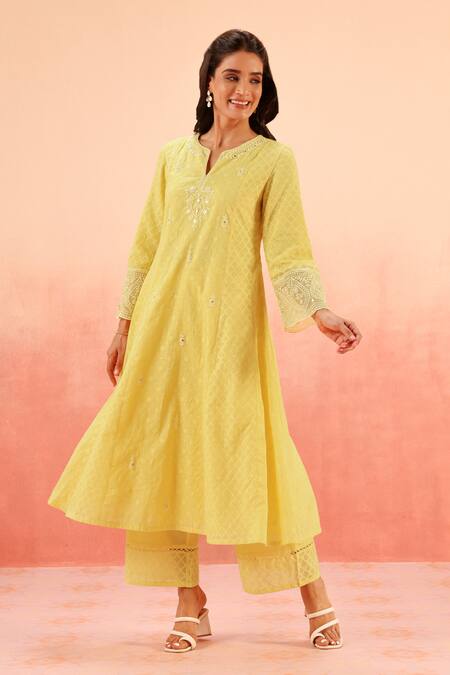 Shop Dohr India Yellow Jacquard, Cotton, Organza Zari, Sequins, Kurta Pant Dupatta Set Online at Aza Fashions Shop_Dohr India_Yellow Jacquard, Cotton, Organza Zari, Sequins, Kurta Pant Dupatta Set _Online_at_Aza_Fashions