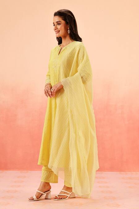 Dohr India Yellow Jacquard, Cotton, Organza Zari, Sequins, Kurta Pant Dupatta Set at Aza Fashions Dohr India_Yellow Jacquard, Cotton, Organza Zari, Sequins, Kurta Pant Dupatta Set _at_Aza_Fashions