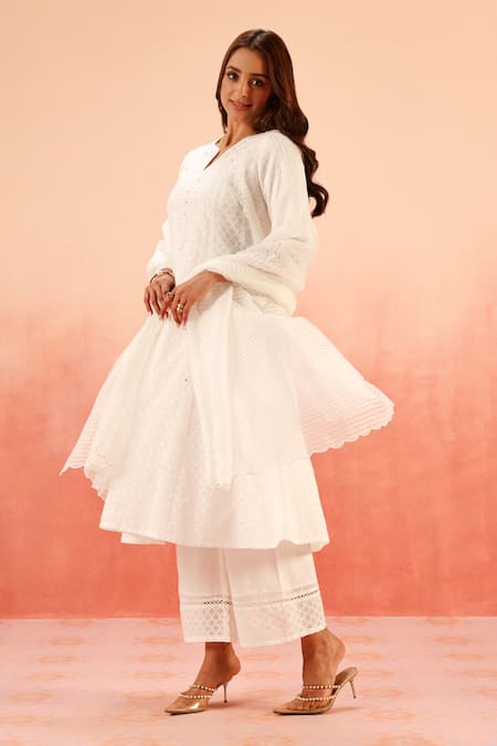 Dohr India White Jacquard, Cotton, Organza Zari, Sequins Split Kurta Pant Dupatta Set 