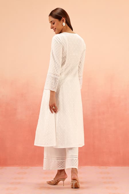 Shop Dohr India White Jacquard, Cotton, Organza Zari, Sequins Split Kurta Pant Dupatta Set at Aza Fashions Shop_Dohr India_White Jacquard, Cotton, Organza Zari, Sequins Split Kurta Pant Dupatta Set _at_Aza_Fashions
