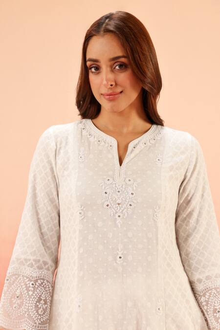 Dohr India White Jacquard, Cotton, Organza Zari, Sequins Split Kurta Pant Dupatta Set at Aza Fashions Dohr India_White Jacquard, Cotton, Organza Zari, Sequins Split Kurta Pant Dupatta Set _at_Aza_Fashions