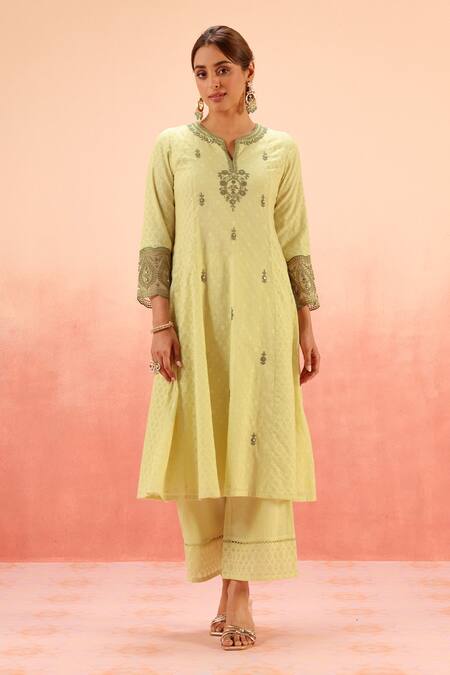 Dohr India Green Jacquard, Cotton, Organza Zari, Sequins Lime Kurta Pant Dupatta Set Online at Aza Fashions Dohr India_Green Jacquard, Cotton, Organza Zari, Sequins Lime Kurta Pant Dupatta Set _Online_at_Aza_Fashions