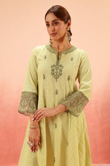 Buy Dohr India Green Jacquard, Cotton, Organza Zari, Sequins Lime Kurta Pant Dupatta Set Online at Aza Fashions Buy_Dohr India_Green Jacquard, Cotton, Organza Zari, Sequins Lime Kurta Pant Dupatta Set _Online_at_Aza_Fashions