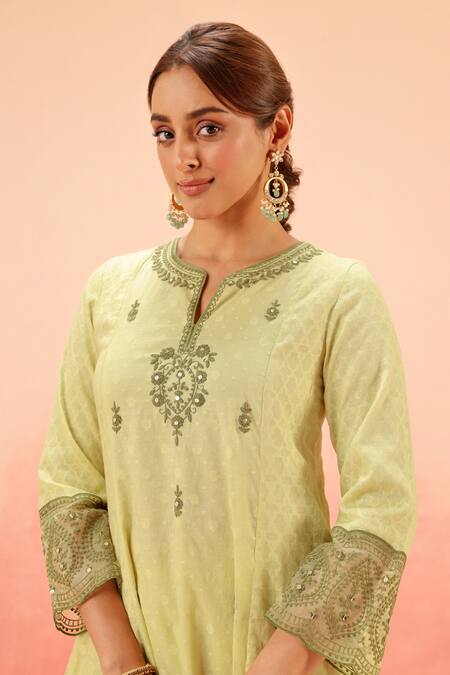 Shop Dohr India Green Jacquard, Cotton, Organza Zari, Sequins Lime Kurta Pant Dupatta Set Online at Aza Fashions Shop_Dohr India_Green Jacquard, Cotton, Organza Zari, Sequins Lime Kurta Pant Dupatta Set _Online_at_Aza_Fashions