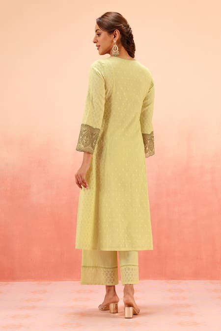 Shop Dohr India Green Jacquard, Cotton, Organza Zari, Sequins Lime Kurta Pant Dupatta Set at Aza Fashions Shop_Dohr India_Green Jacquard, Cotton, Organza Zari, Sequins Lime Kurta Pant Dupatta Set _at_Aza_Fashions