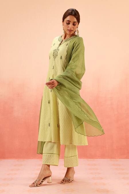 Dohr India Green Jacquard, Cotton, Organza Zari, Sequins Lime Kurta Pant Dupatta Set at Aza Fashions Dohr India_Green Jacquard, Cotton, Organza Zari, Sequins Lime Kurta Pant Dupatta Set _at_Aza_Fashions