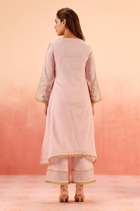 Shop Dohr India Pink Jacquard, Cotton Embroidery Split V-neck Kurta Pant Dupatta Set at Aza Fashions Shop_Dohr India_Pink Jacquard, Cotton Embroidery Split V-neck Kurta Pant Dupatta Set _at_Aza_Fashions