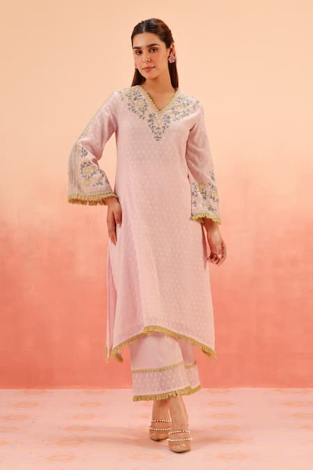 Dohr India Pink Jacquard, Cotton Embroidery Split V-neck Kurta Pant Dupatta Set Online at Aza Fashions Dohr India_Pink Jacquard, Cotton Embroidery Split V-neck Kurta Pant Dupatta Set _Online_at_Aza_Fashions