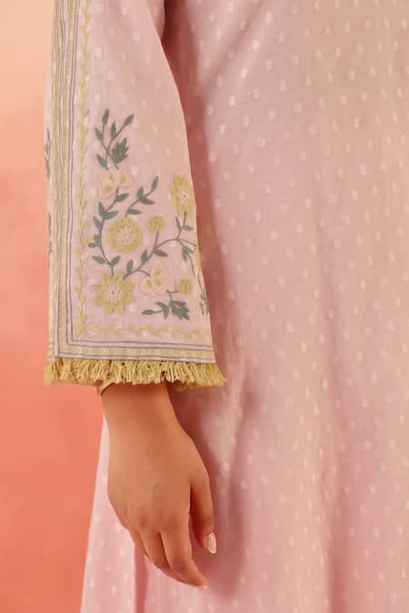 Buy Dohr India Pink Jacquard, Cotton Embroidery Split V-neck Kurta Pant Dupatta Set Online at Aza Fashions Buy_Dohr India_Pink Jacquard, Cotton Embroidery Split V-neck Kurta Pant Dupatta Set _Online_at_Aza_Fashions