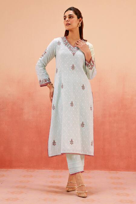 Dohr India_Blue Jacquard, Cotton, Organza Embroidery V-neck Kurta Pant Dupatta Set _Online_at_Aza_Fashions