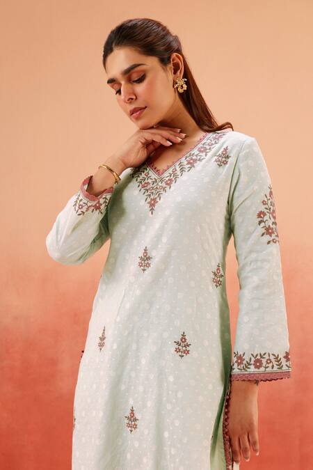 Shop_Dohr India_Blue Jacquard, Cotton, Organza Embroidery V-neck Kurta Pant Dupatta Set _Online_at_Aza_Fashions
